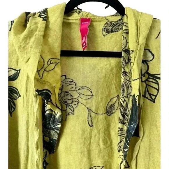 Chartreuse Linen Open Front Kimono/ Wrap Floral Print. A summer gem. - Picture 5 of 9
